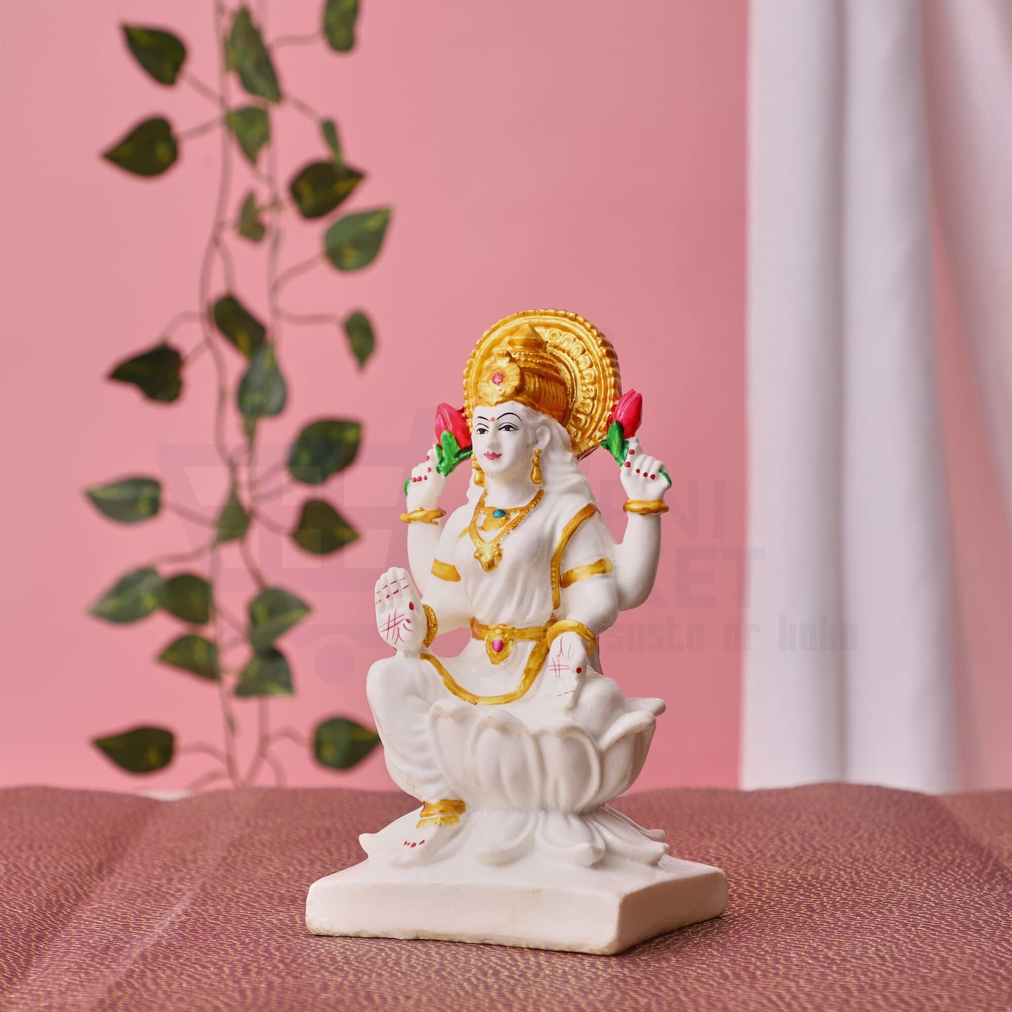 Apnimarket Marble Dust Laxmi Mata Murti Figurine, Standard, Goddess Mahalakshmi Statue-White 7"