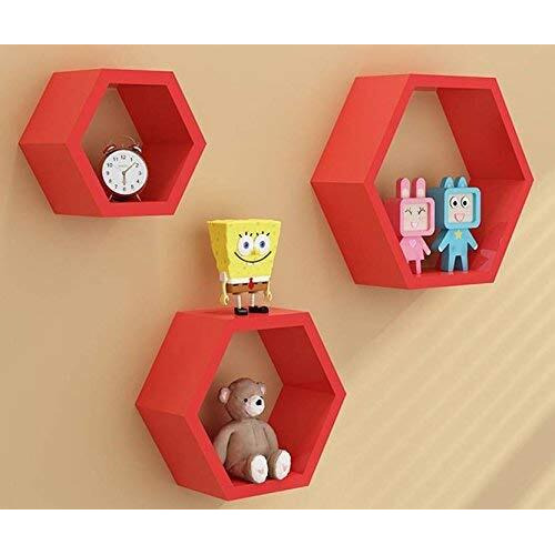 Techhark Home Dcor Hexagonal Shape Mdf (Medium Density Fiber) Fiber Wall Shelf, Living Room Decorative Self -(Set Of 3) (Red)