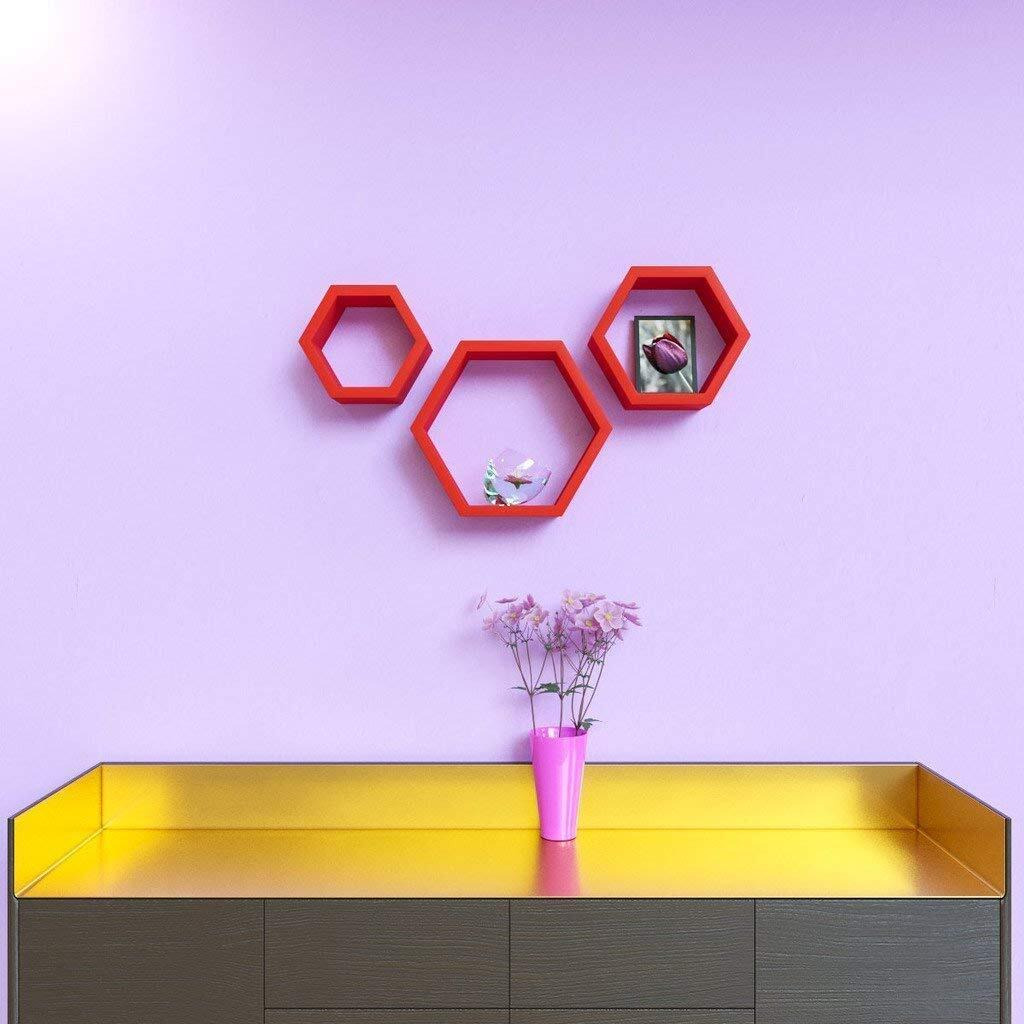 Techhark Home Dcor Hexagonal Shape Mdf (Medium Density Fiber) Fiber Wall Shelf, Living Room Decorative Self -(Set Of 3) (Red)