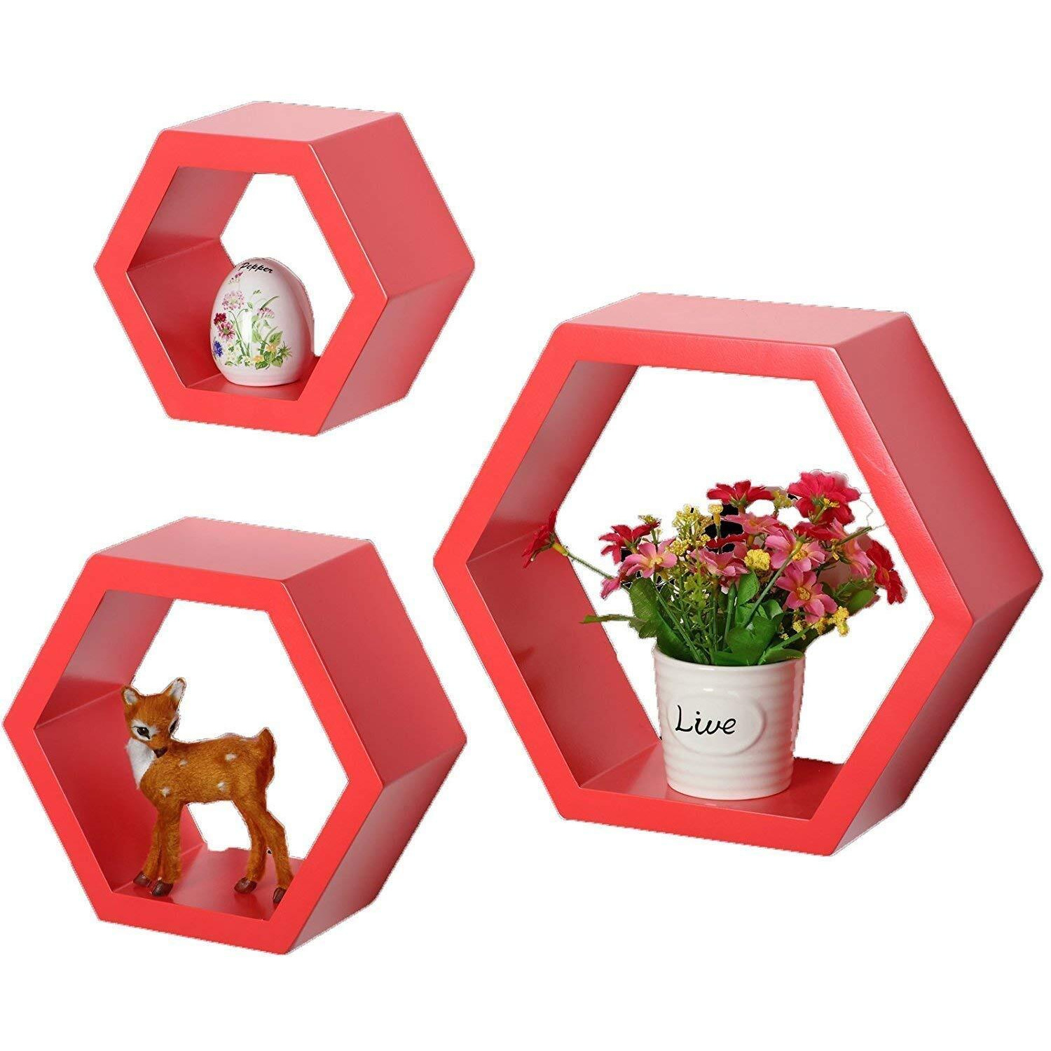Techhark Home Dcor Hexagonal Shape Mdf (Medium Density Fiber) Fiber Wall Shelf, Living Room Decorative Self -(Set Of 3) (Red)
