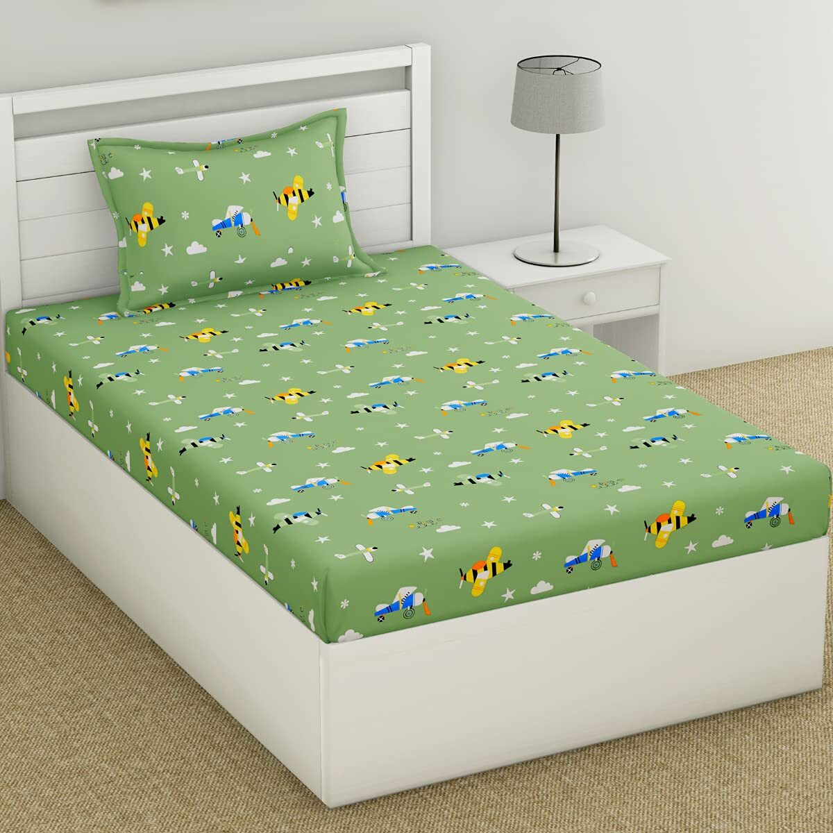 Haus & Kinder 100% Cotton Kids Bedsheet For Single Bed, 1 Single Bedsheet Cotton (88 X 57 Inches) With 1 Pillow Cover| 186 Tc Trendy Prints (Green)