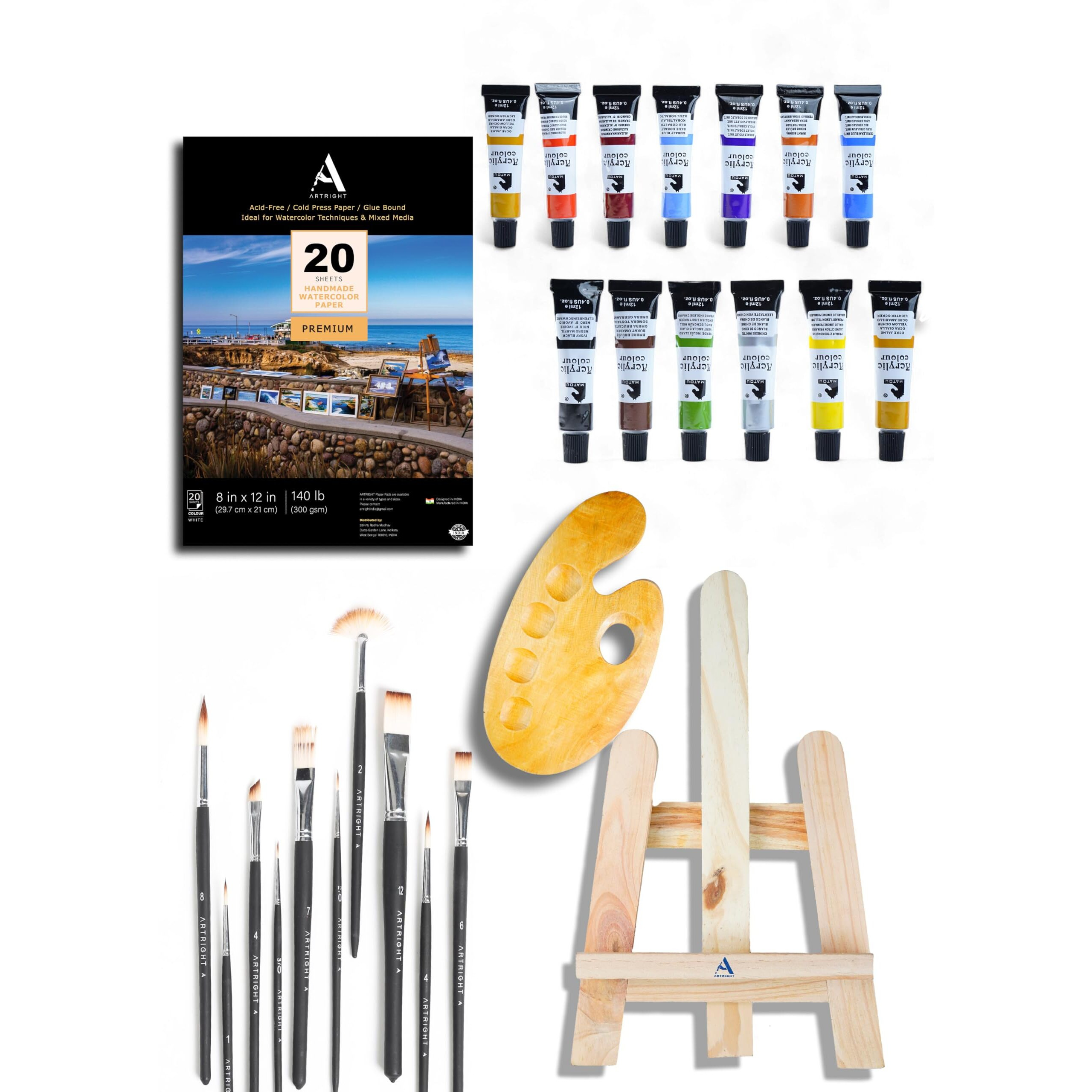 Artright Professional Painting Kit 44 Pcs - Paint Set For Painting (Paint Brushes Set Of 10-1 Feet Wooden Painting Easel - A4 Watercolor Papers - Painting Palette - Artists Color Set Of 12