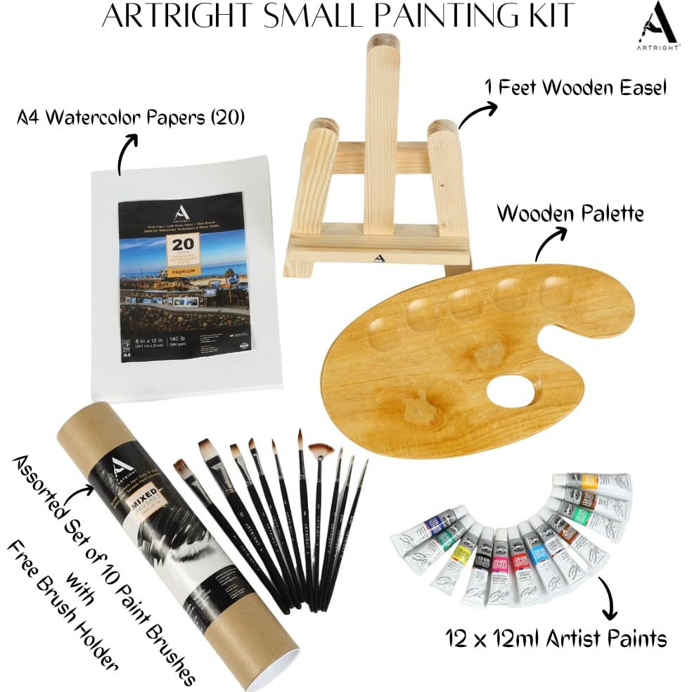 Artright Professional Painting Kit 44 Pcs - Paint Set For Painting (Paint Brushes Set Of 10-1 Feet Wooden Painting Easel - A4 Watercolor Papers - Painting Palette - Artists Color Set Of 12
