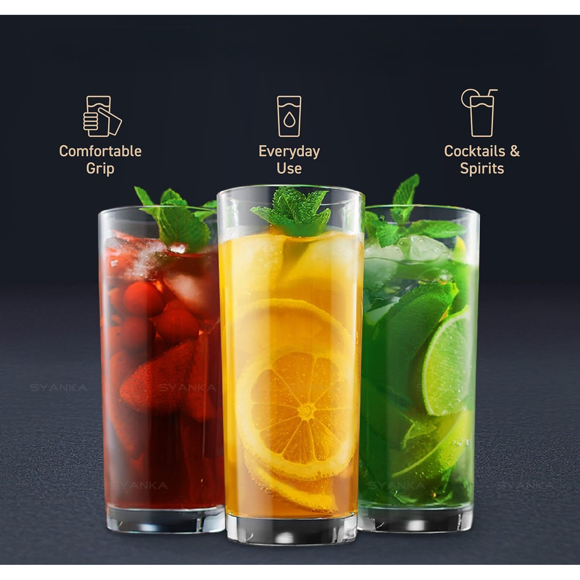 Syanka Italian Premium Juice And Water Glasses Set Of 8 Transparent, 300Ml, Drinking Water Glasses Stylish And Crystal Highball Glasses For Water, Juice And Cocktails