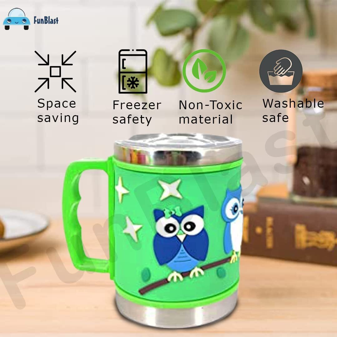 Funblast Milk Drinking Mug For Kids - Stainless Steel Emboss Hot And Cold Coffee/Milk/Tea Mug With Lid For Kids, Owl Design Cup For Kids, Insulated Cup For Hot Beverages, 280 Ml
