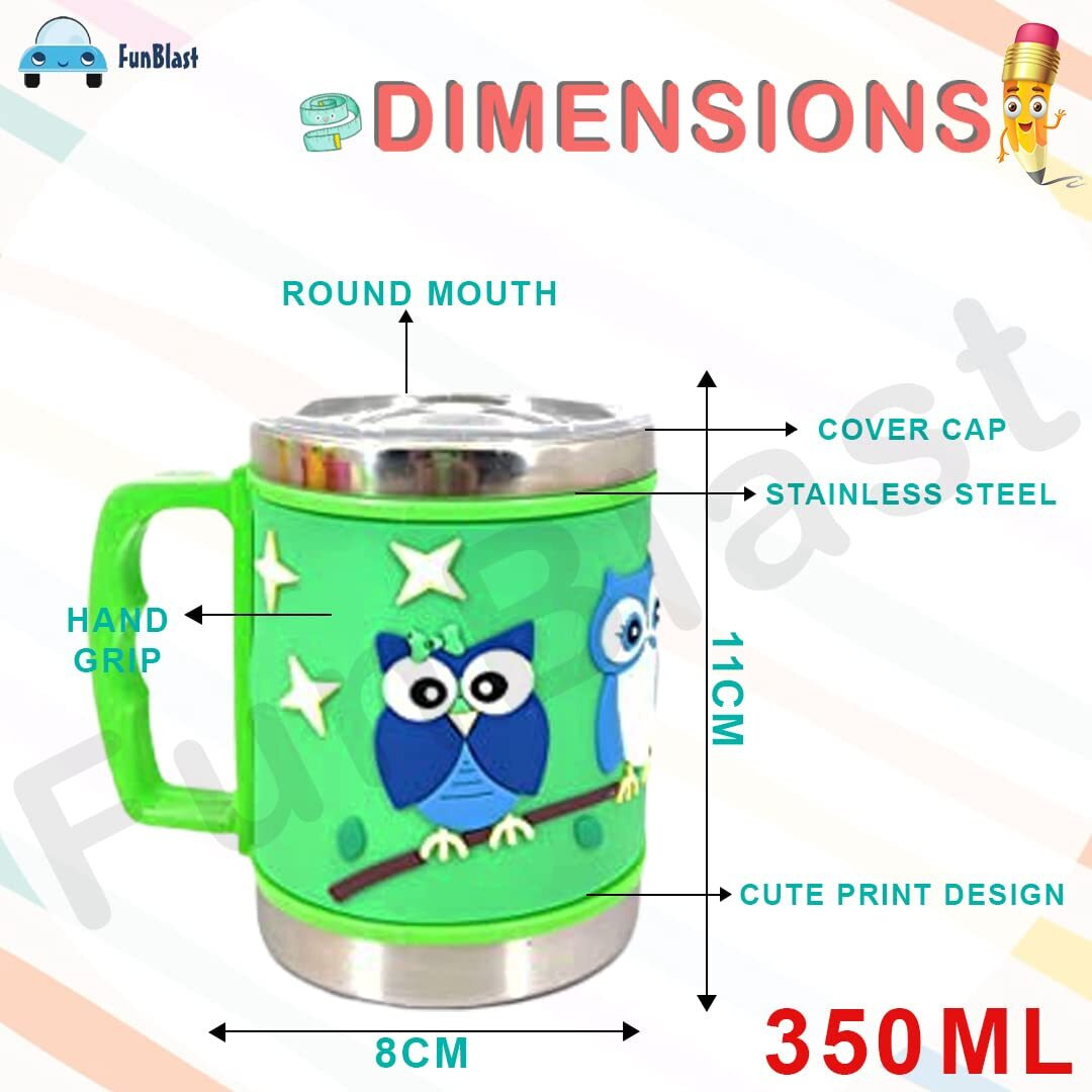 Funblast Milk Drinking Mug For Kids - Stainless Steel Emboss Hot And Cold Coffee/Milk/Tea Mug With Lid For Kids, Owl Design Cup For Kids, Insulated Cup For Hot Beverages, 280 Ml