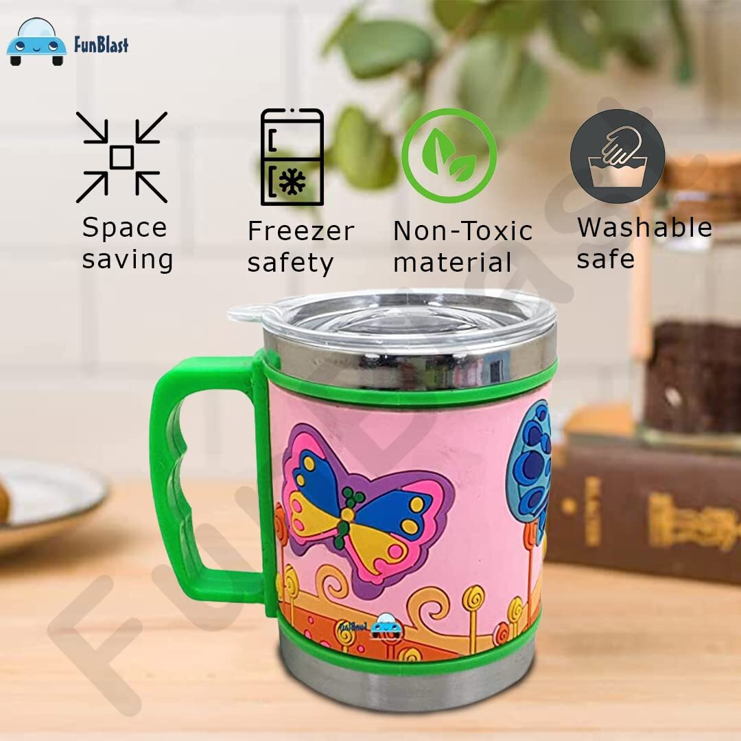 Funblast Milk Drinking Mug For Kids - Stainless Steel Emboss Hot And Cold Coffee/Milk/Tea Mug For Kids, C Butterfly Design Cup For Kids - Random Color & Design