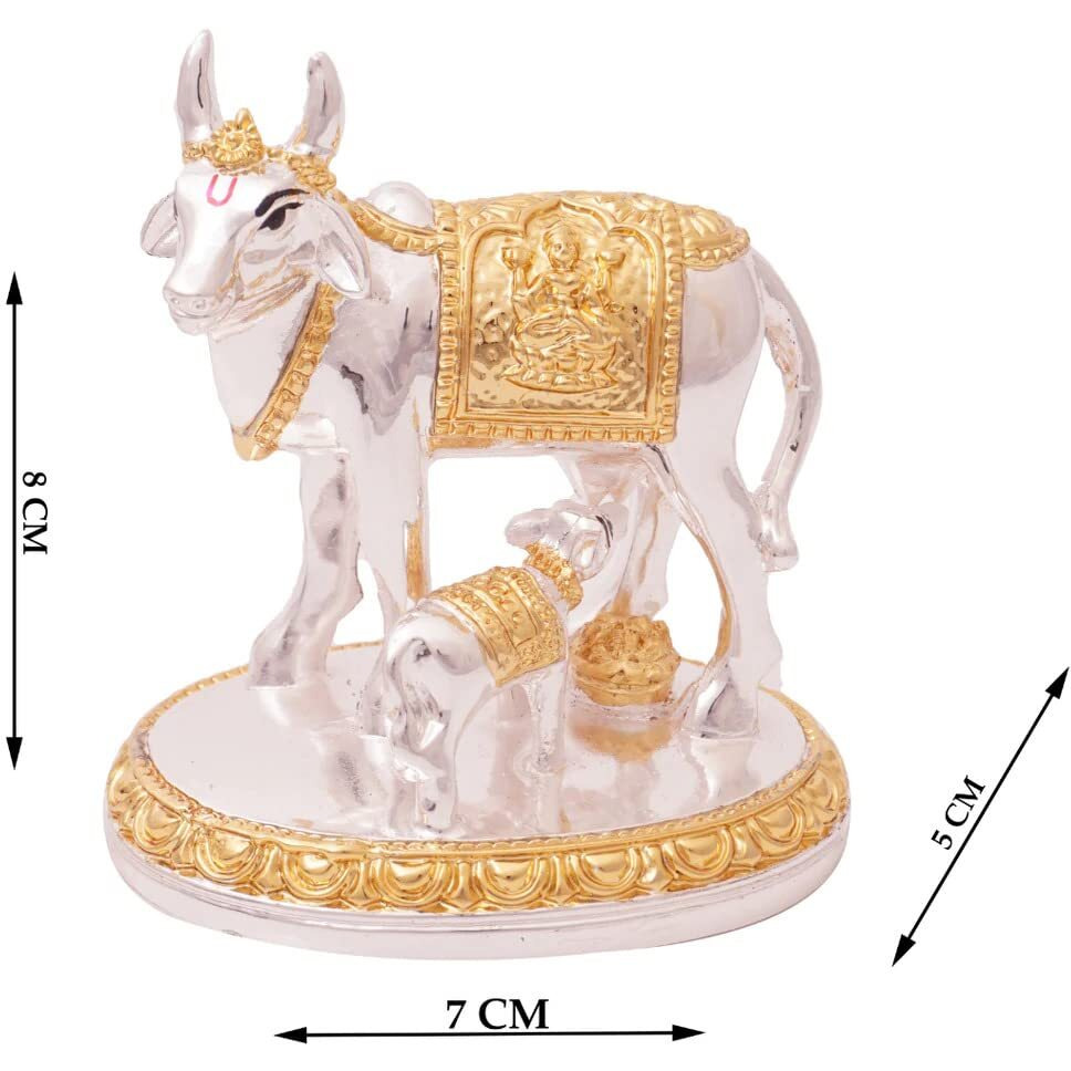 Idolkart 24 Carat Gold And 999 Silver Plated Kamdhenu Cow And Calf Statue - Kamdhenu Cow With Calf Vastu, Vaastu Positive Energy Items For Home - Offers Wealth, Prosperity, Health, Peace (3 Inch)