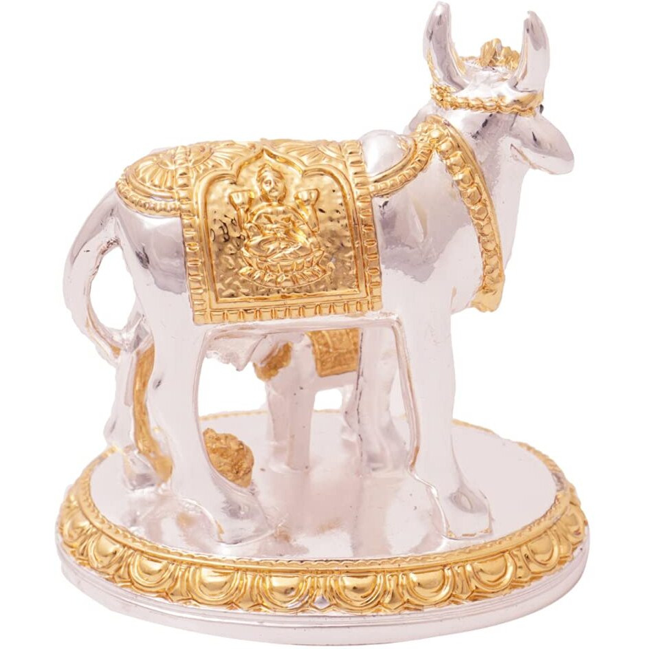 Idolkart 24 Carat Gold And 999 Silver Plated Kamdhenu Cow And Calf Statue - Kamdhenu Cow With Calf Vastu, Vaastu Positive Energy Items For Home - Offers Wealth, Prosperity, Health, Peace (3 Inch)