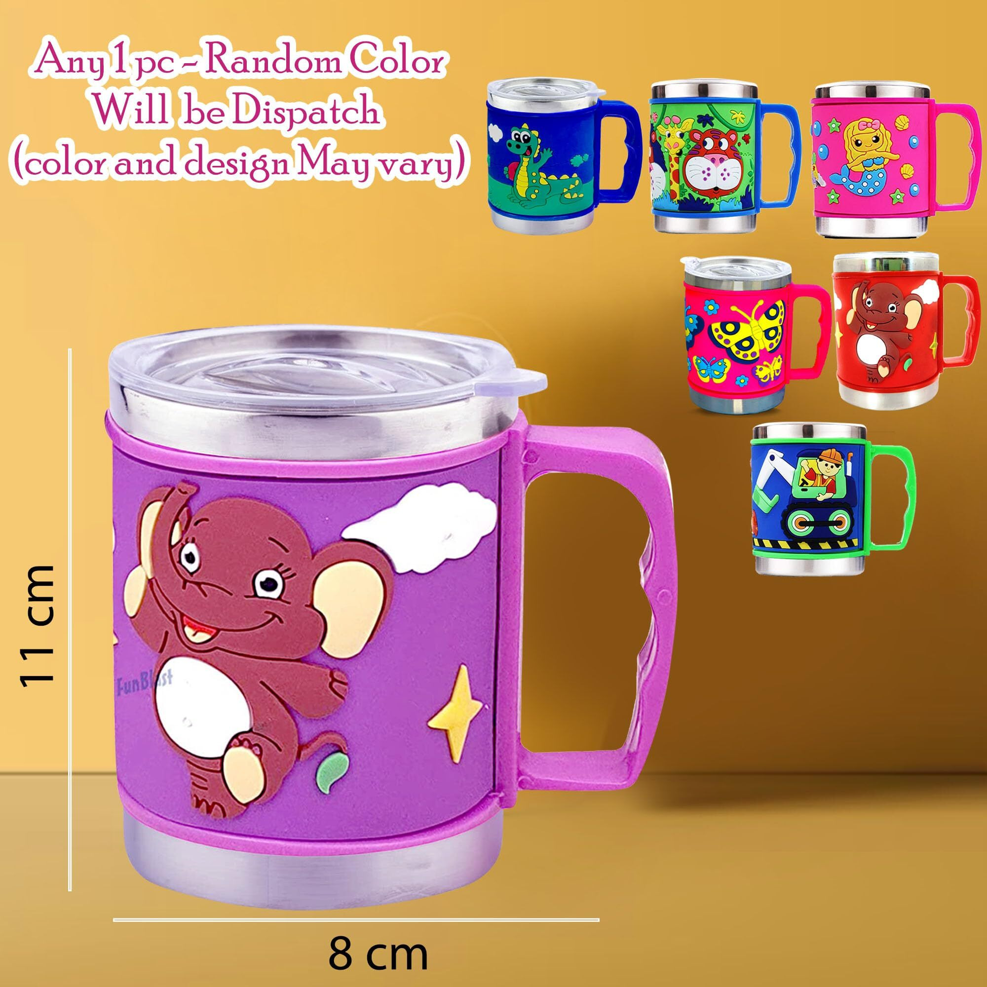 Funblast Milk Drinking Mug- Stainless Steel Emboss Hot And Cold Coffee/Milk/Tea Mug For Kids Cute Cartoon Print Soft Rubber Design Cup, Insulated Cup For Hot Beverages (Random Color And Design)