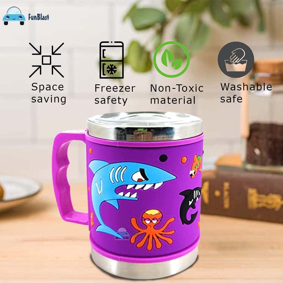 Funblast Milk Drinking Mug- Stainless Steel Emboss Hot And Cold Coffee/Milk/Tea Mug For Kids Cute Cartoon Print Soft Rubber Design Cup, Insulated Cup For Hot Beverages (Random Color And Design)