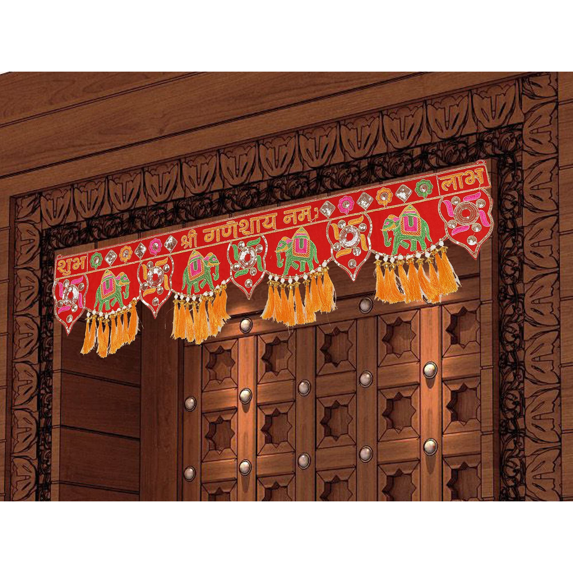 Handmade Traditional Toran For Main Door Latest Elephant Design Bandarwal Hanging Home Dcor Mandir Decoration Entrance Main Pooja Room, Velvet Hand Embroidered (36 X 9 Inch)