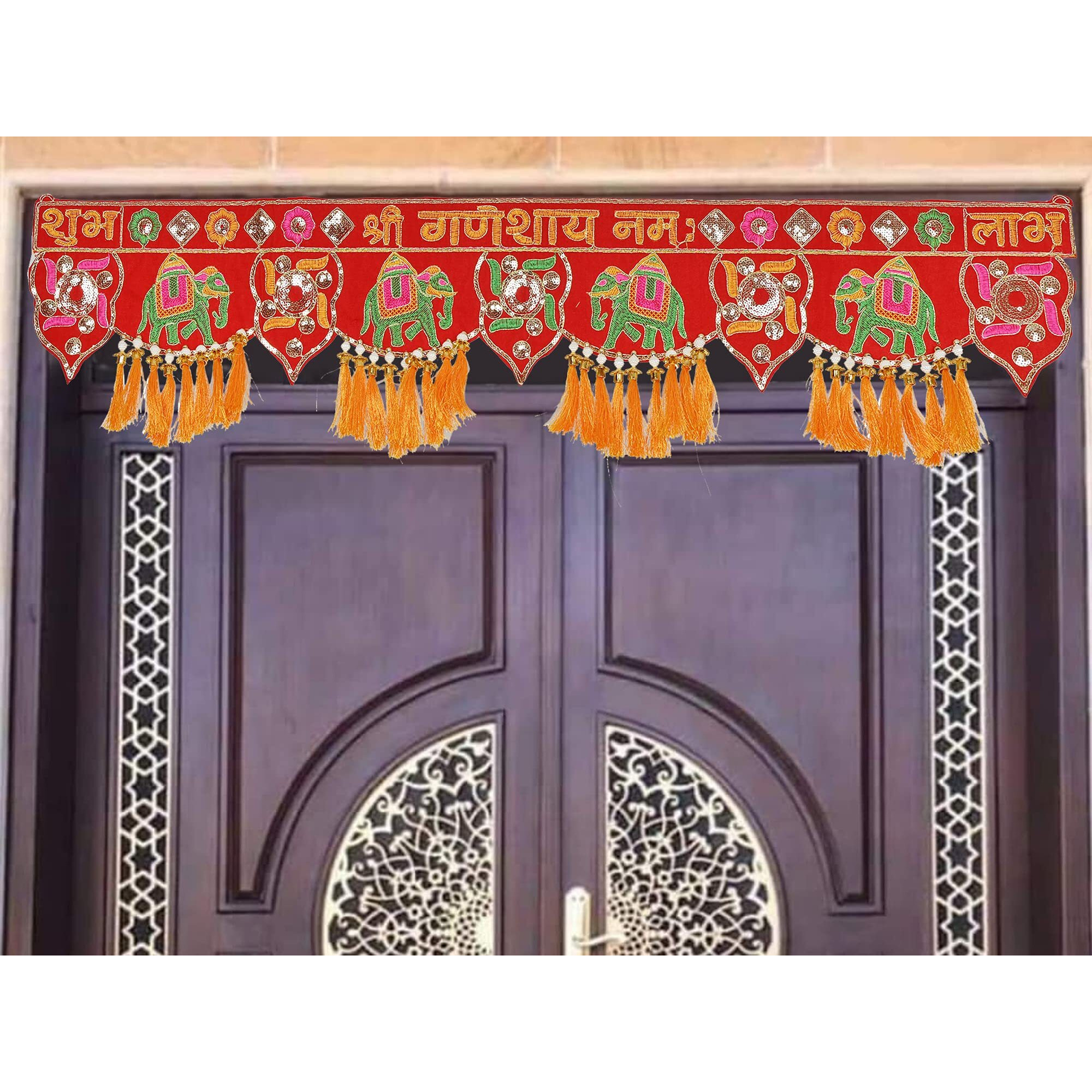 Handmade Traditional Toran For Main Door Latest Elephant Design Bandarwal Hanging Home Dcor Mandir Decoration Entrance Main Pooja Room, Velvet Hand Embroidered (36 X 9 Inch)