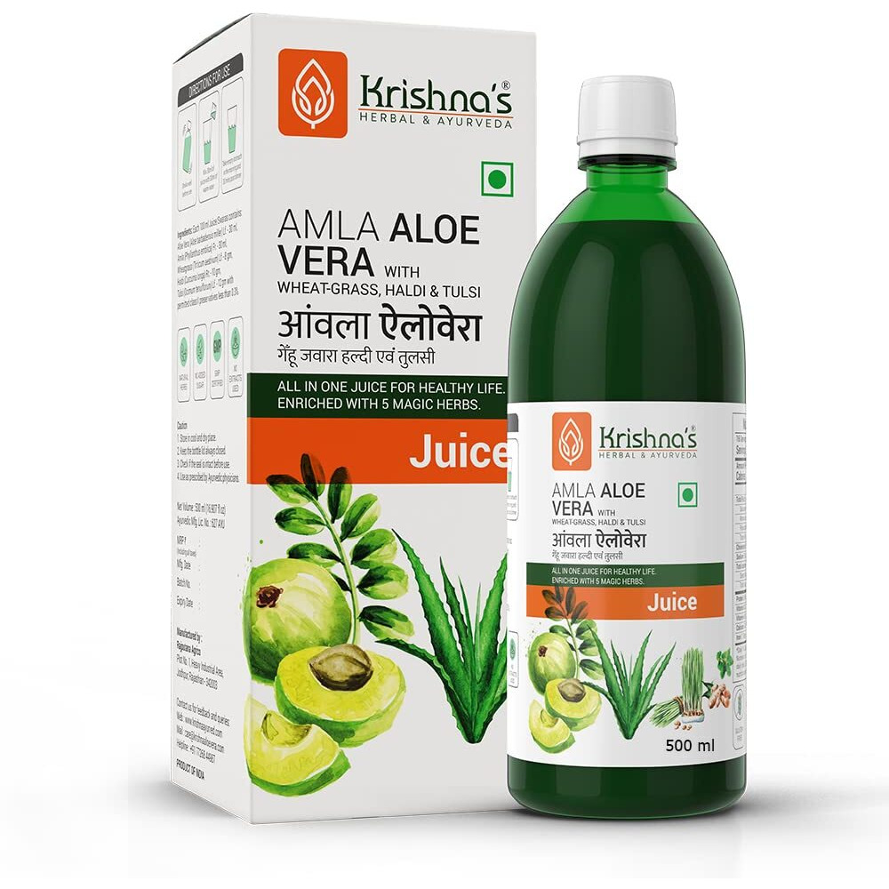 KrishnaS Amla Aloe Vera Wheat-Grass, Haldi & Tulsi Juice - 500 Ml (Pack Of 1) | Powerful Antioxidant | Enriched With Vitamin C | All In One Drink With Aloe Vera, Amla, Haldi, Tulsi & Wheatgrass