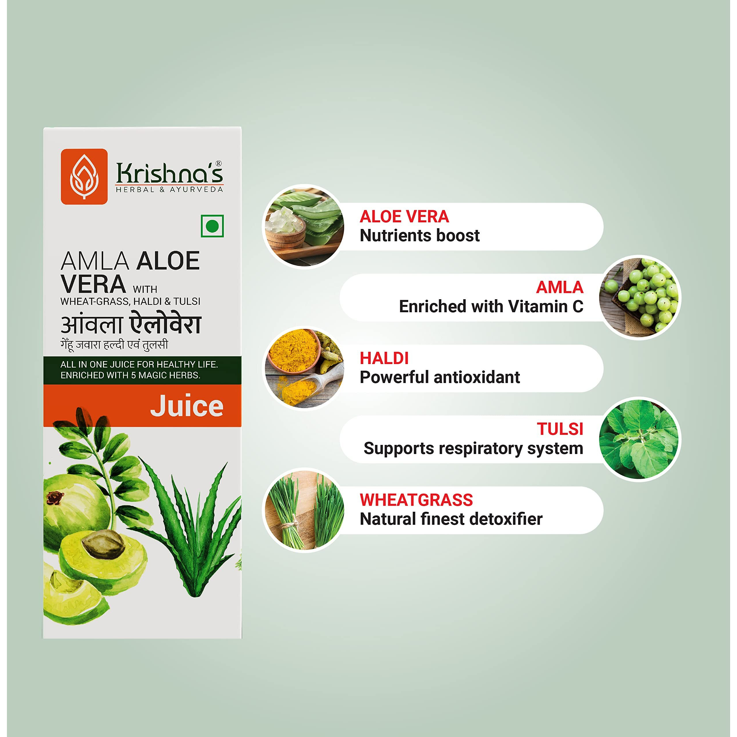 KrishnaS Amla Aloe Vera Wheat-Grass, Haldi & Tulsi Juice - 500 Ml (Pack Of 1) | Powerful Antioxidant | Enriched With Vitamin C | All In One Drink With Aloe Vera, Amla, Haldi, Tulsi & Wheatgrass