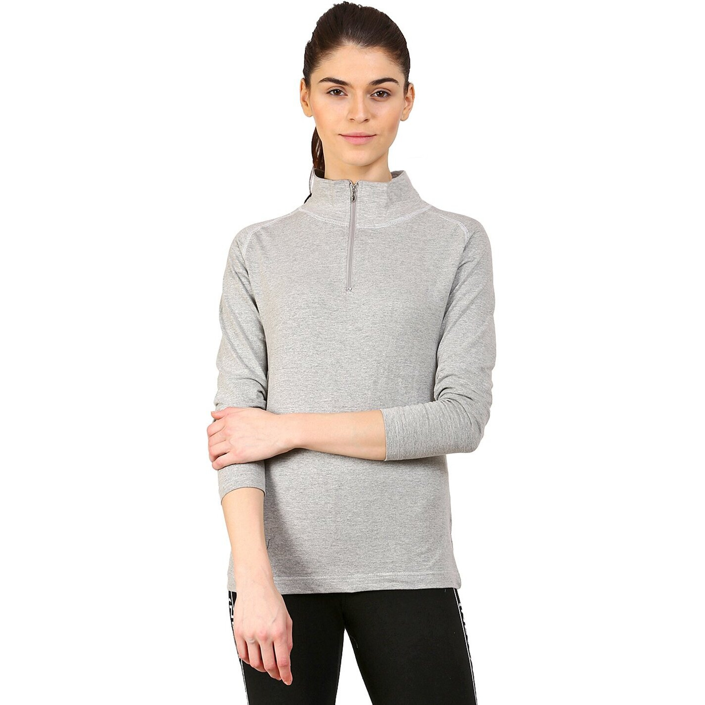 ApPulse WomenS 1/4 Zip Slimfit Raglan Sleeve Tshirt (330_Gmel_X-Large)