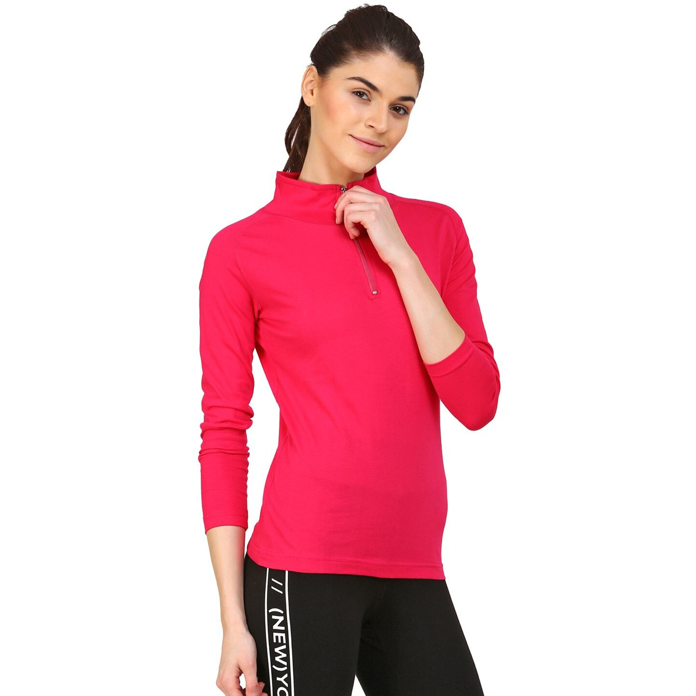 ApPulse WomenS 1/4 Zip Slimfit Raglan Sleeve Tshirt (332_Dkpink_Large)