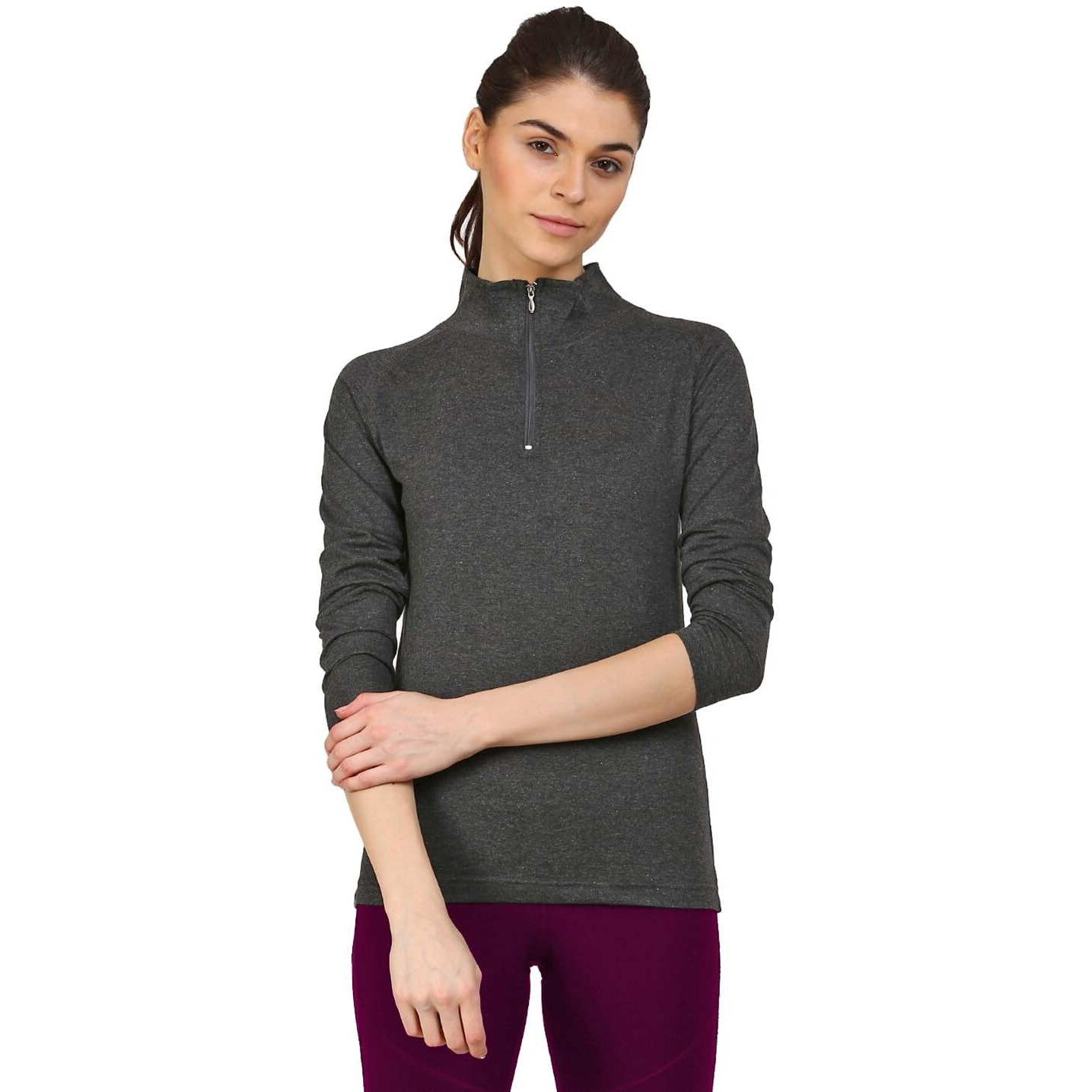 ApPulse WomenS 1/4 Zip Slimfit Raglan Sleeve Tshirt (331_Charcoal_Large)