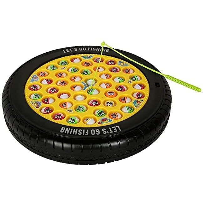 GoyalS Tyre Shape Fishing Game Rotating Musical Fish-Catching Toy With 45 Fishes & 4 Rods Interactive Family Game For Kids (Black)