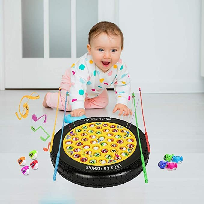 GoyalS Tyre Shape Fishing Game Rotating Musical Fish-Catching Toy With 45 Fishes & 4 Rods Interactive Family Game For Kids (Black)