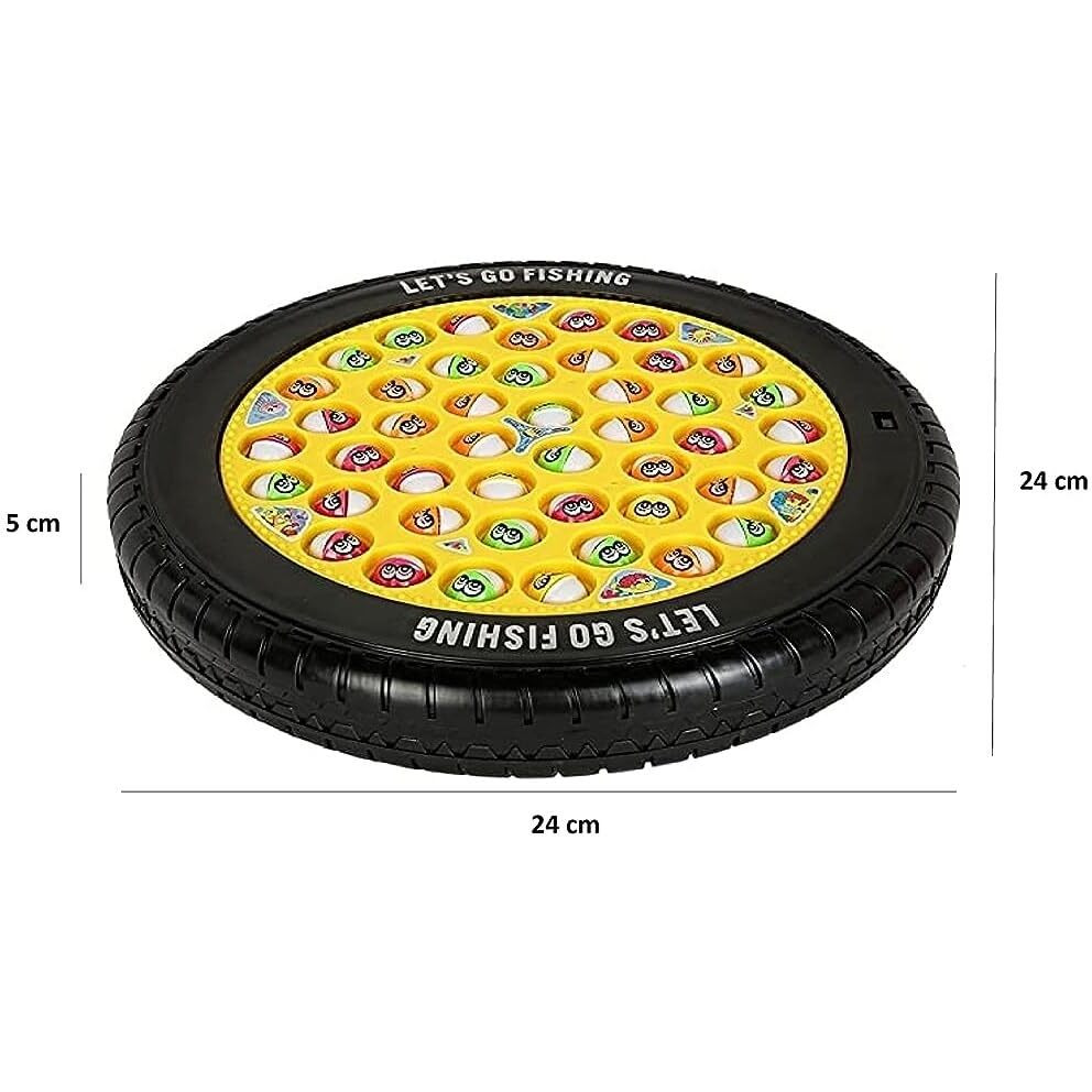 GoyalS Tyre Shape Fishing Game Rotating Musical Fish-Catching Toy With 45 Fishes & 4 Rods Interactive Family Game For Kids (Black)