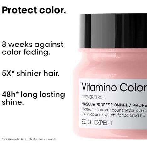 LOreal Professionnel Paris Vitamino Color Mask For Colored Hair - 250Ml | Professional Color Protect Mask, Stop Color Fading & Get Shiny Hair | With Resveratrol, Color Treated, Fresh, 250 Gram