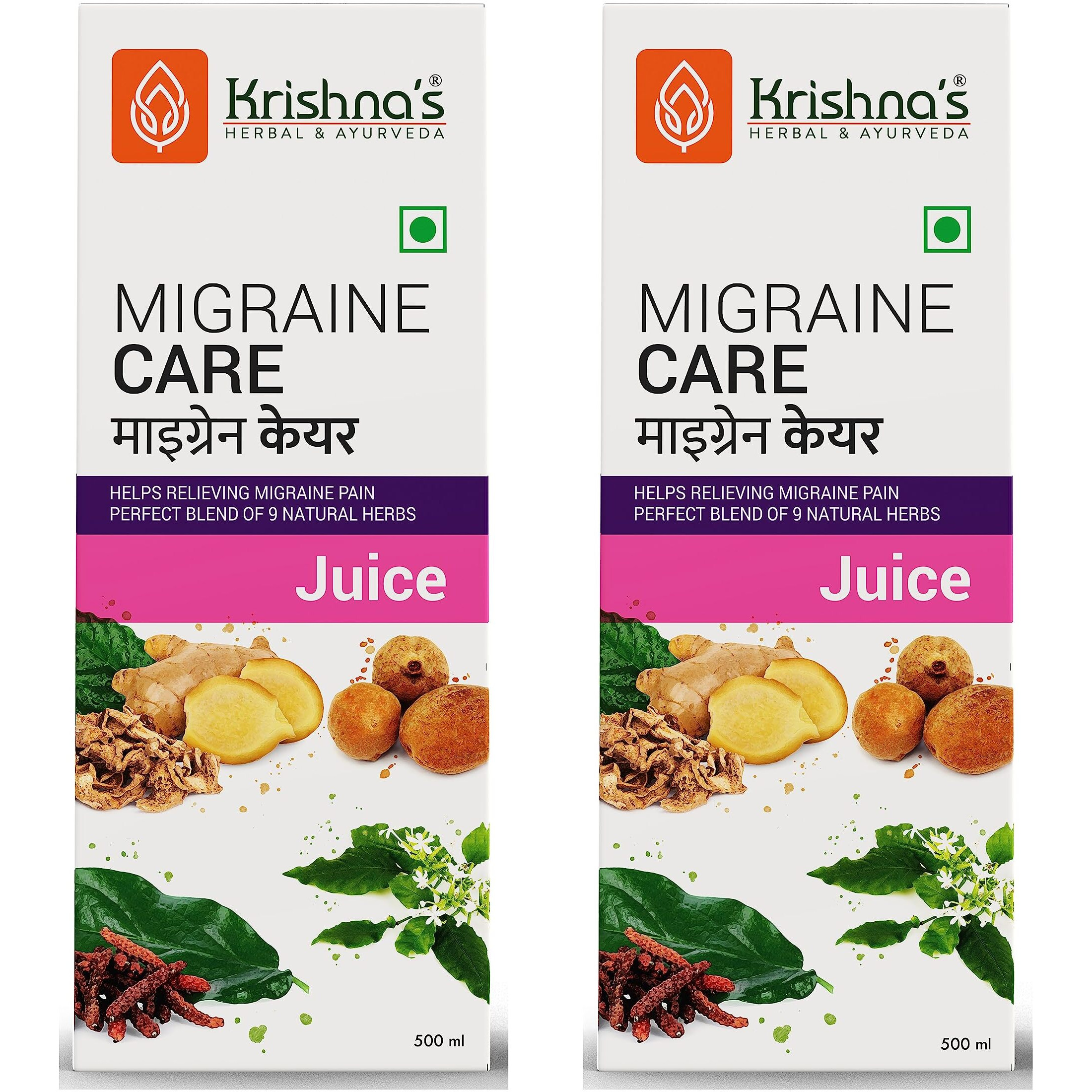 KrishnaS Migraine Care Juice - 500 Ml | (Pack Of 2) | Natural Migraine Reliever | Perfect Blend Of Sonth, Pippali, Ajmod & 6 Other Herbs