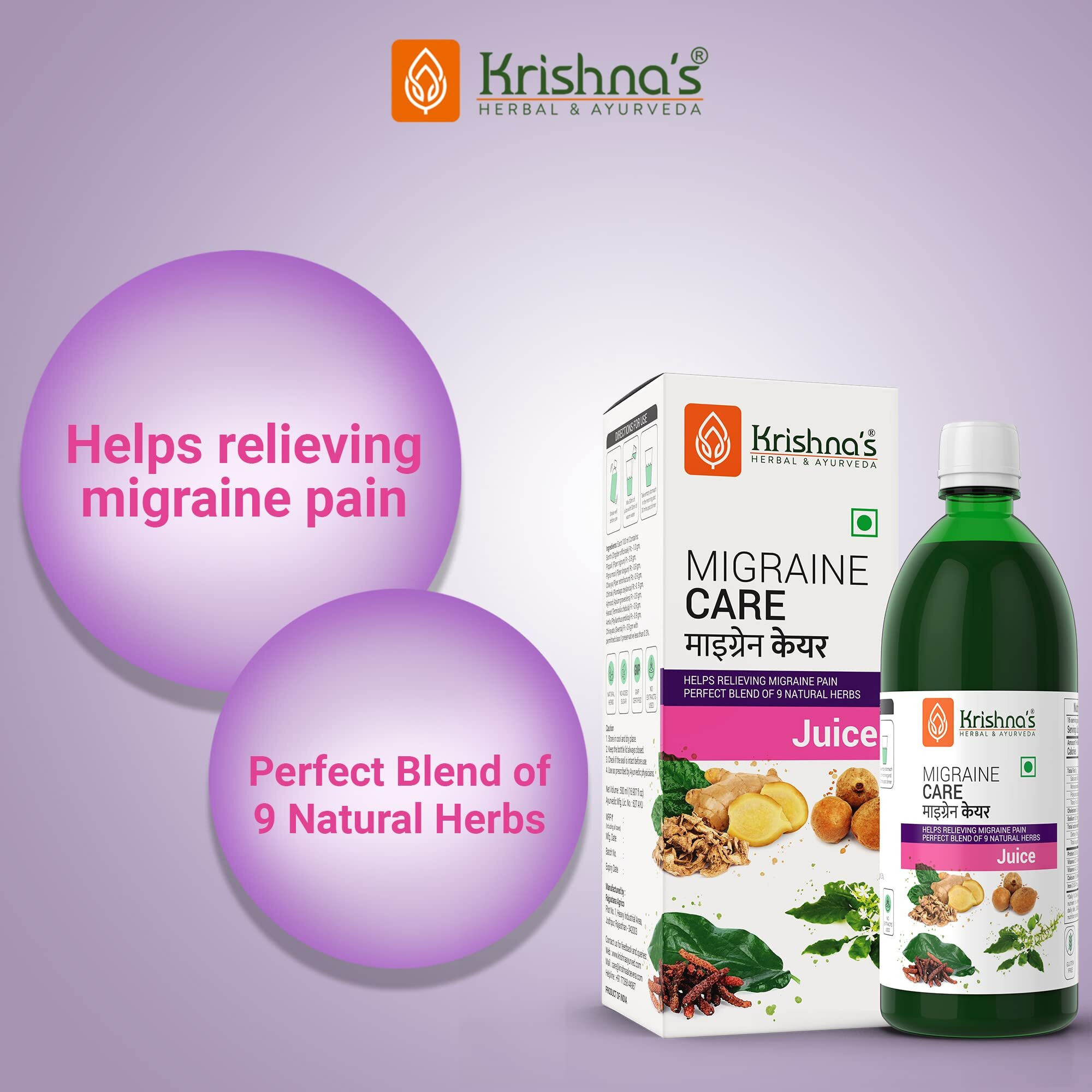 KrishnaS Migraine Care Juice - 500 Ml | (Pack Of 2) | Natural Migraine Reliever | Perfect Blend Of Sonth, Pippali, Ajmod & 6 Other Herbs