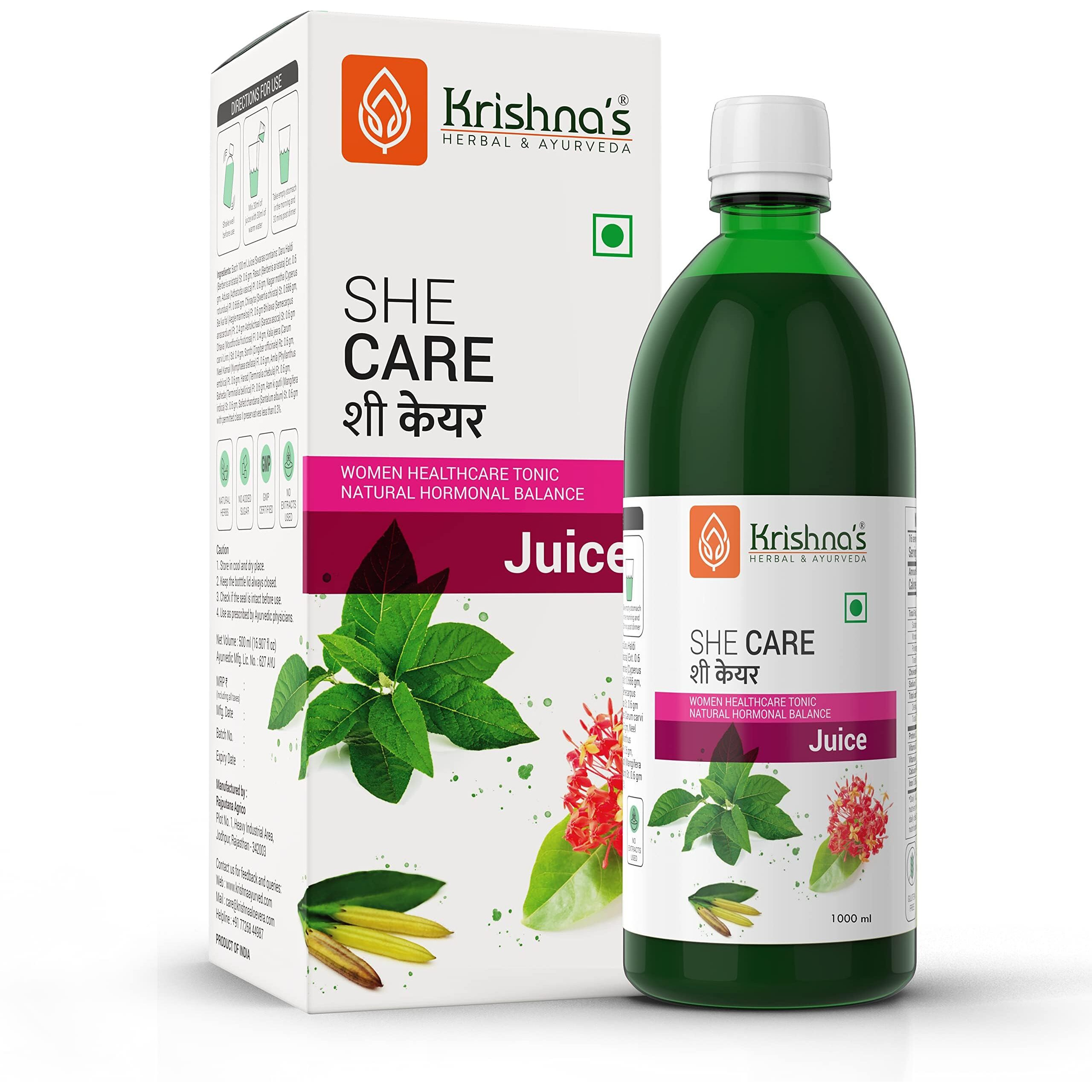 KrishnaS Herbal & Ayurveda She Care Juice 1000Ml, Herbal Supplement For Hormonal Balance, Pcos, Pcod, Period Pain Relief, Hair And Skin Health | Women Wellness Juice