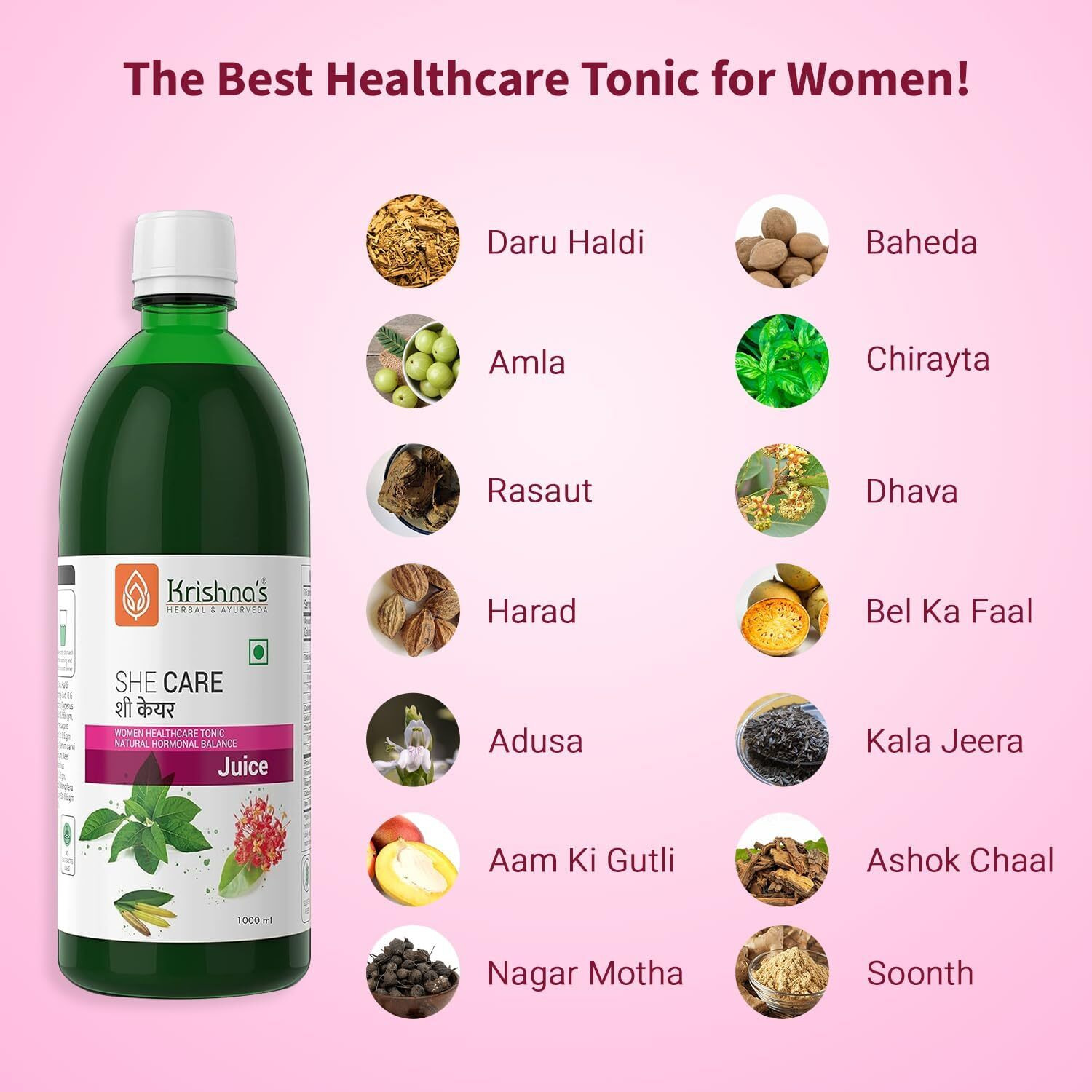 KrishnaS Herbal & Ayurveda She Care Juice 1000Ml, Herbal Supplement For Hormonal Balance, Pcos, Pcod, Period Pain Relief, Hair And Skin Health | Women Wellness Juice