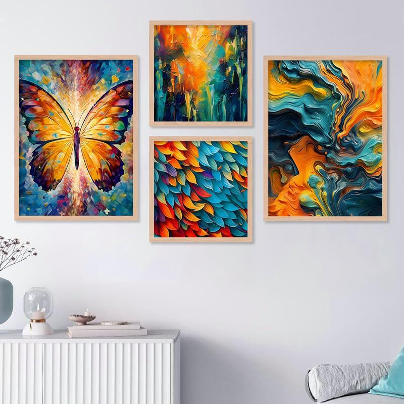 Kalit Kala Decor Paintings For Wall Decoration With Frame | Butterfly Leaf Nature Paintings For Living Room, Bedroom | Big Size Set Of 4