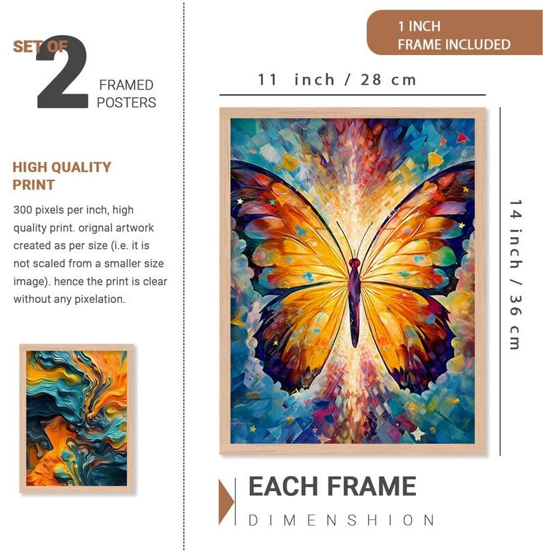 Kalit Kala Decor Paintings For Wall Decoration With Frame | Butterfly Leaf Nature Paintings For Living Room, Bedroom | Big Size Set Of 4