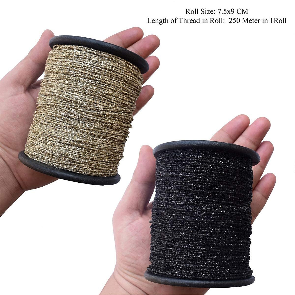 Embroiderymaterial Metallic Glitter Dori Thread Cord For Embroidery & Jewelry Making Combo Of Olive And Black Color(2Rolls) 250 Meter Of Thread/Roll