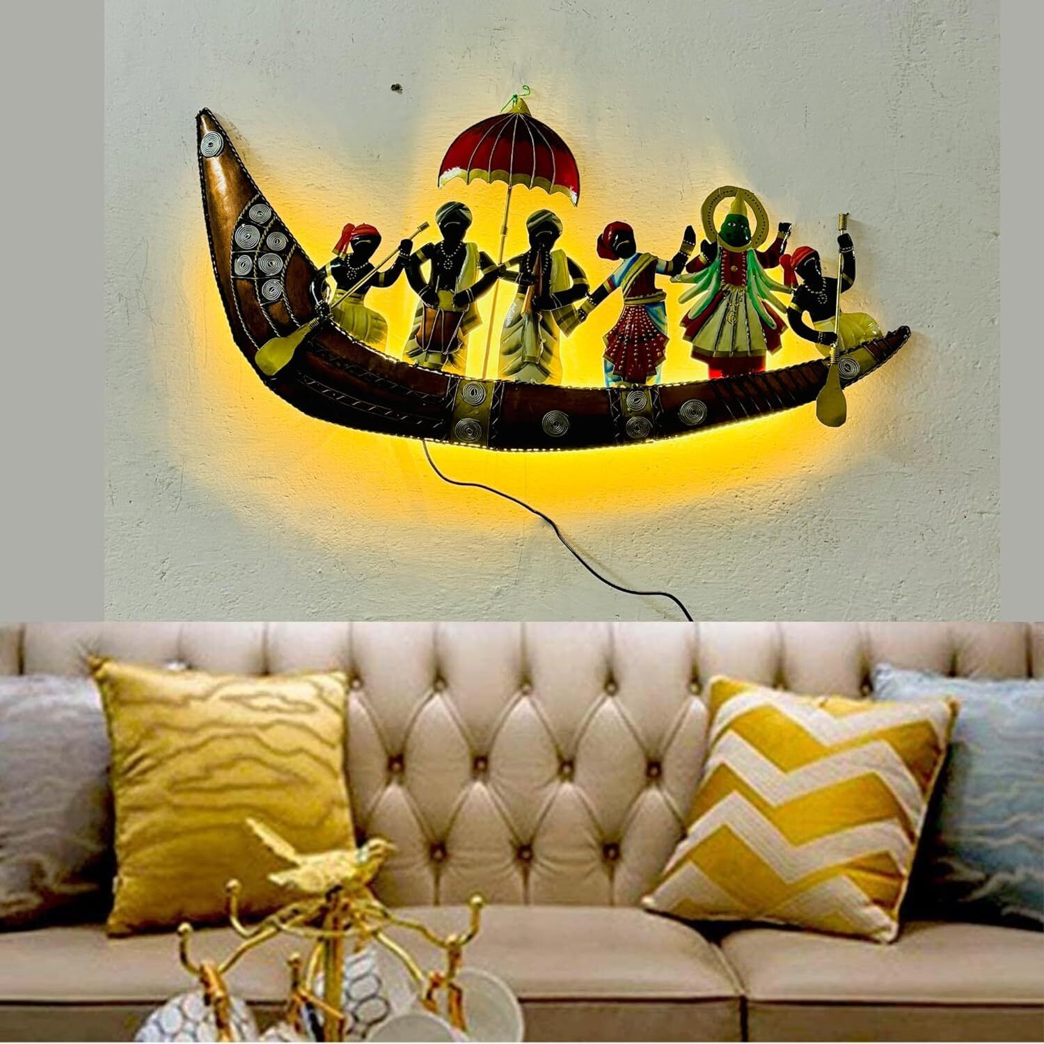 Anshika International Kathakali Ship With Led Metal Abstract Figures Handcrafted Wall Sculpture Wall Art For Home Decoration, Living Room, Drwaing Room & Bedroom (Size 32X15 Inch)