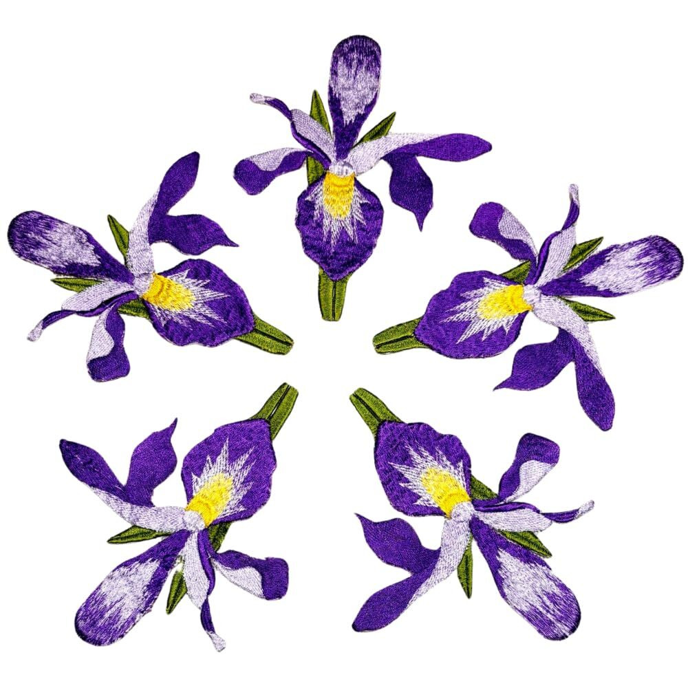 Garaan - Machine Embroidered Applique, Embroidery Patch, Sew On Patches, Diy Projects, Iris Flower Lavender (Pack Of 5)