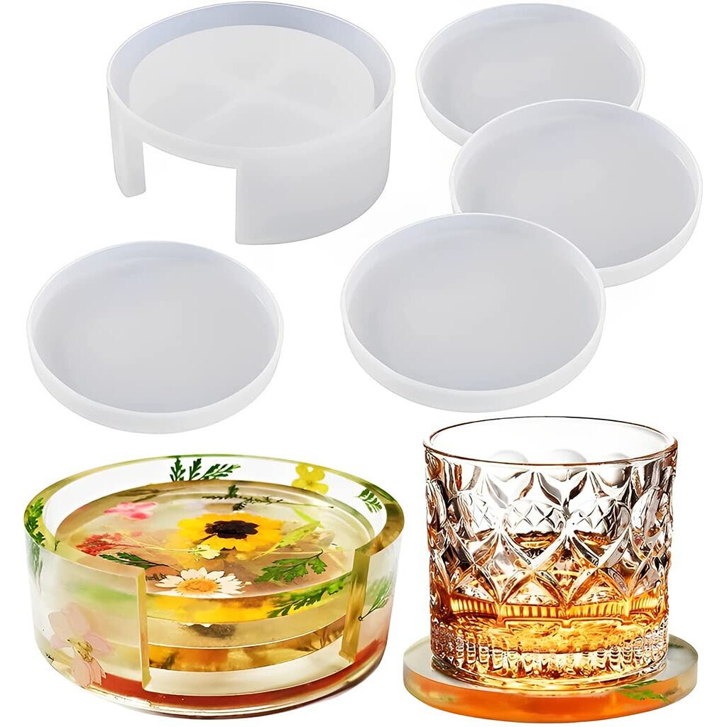 Hasthip 5Pcs Coaster Resin Moulds Set Silicone Coaster Storage Box Mould, Silicone Epoxy Pouring Mould For Diy Art Craft Coasters