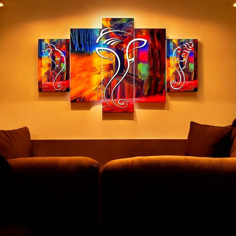 Yellow Bundle Store Lord Ganesha Painting For Wall Decoration- Set Of 5-3D Scenery For Decoration, Gifting, Vastu- 75Cm* 43Cm