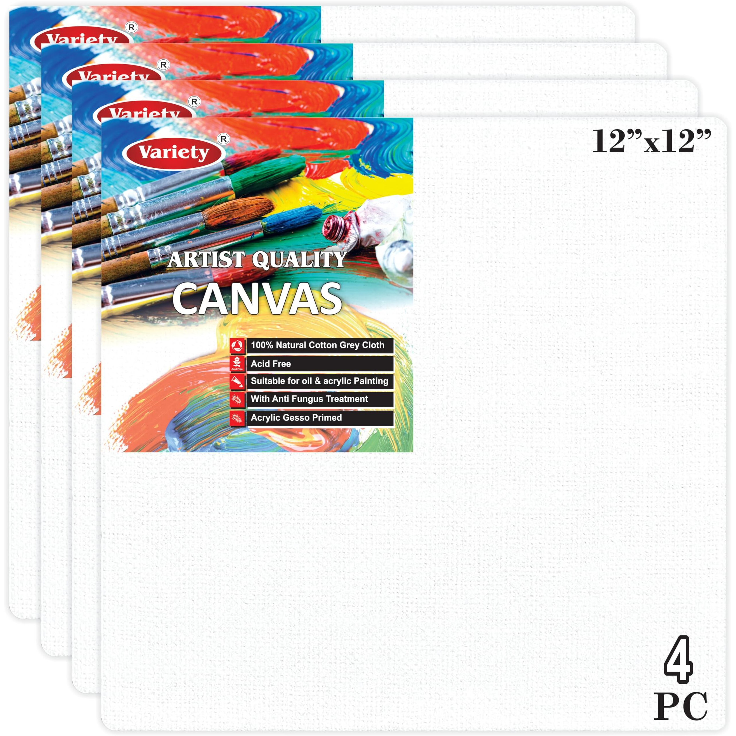 Variety Canvas 12 X 12 Inch Cotton Canvas Board For Painting, 7Oz Primed, Pack Of 4 Piece - White