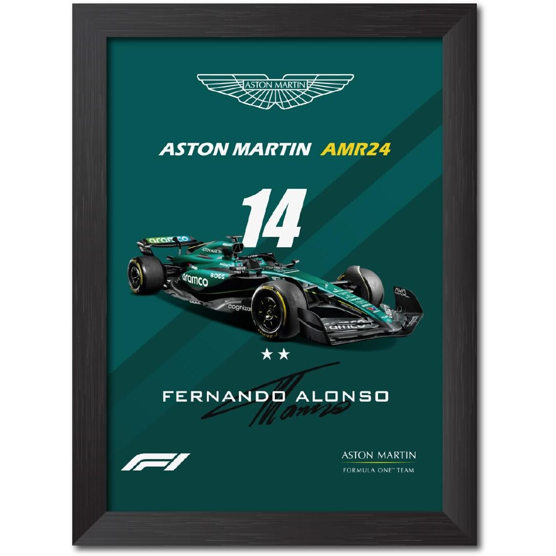 Tenorarts Fernando Alonso Poster Aston Martin Amr 24 Racing Car 2024 Edition Formula One Photo Framed Painting With Black Wooden Textures (12Inches X 9Inches)