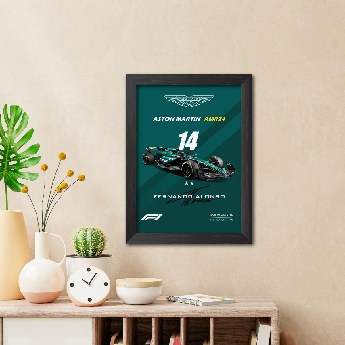 Tenorarts Fernando Alonso Poster Aston Martin Amr 24 Racing Car 2024 Edition Formula One Photo Framed Painting With Black Wooden Textures (12Inches X 9Inches)