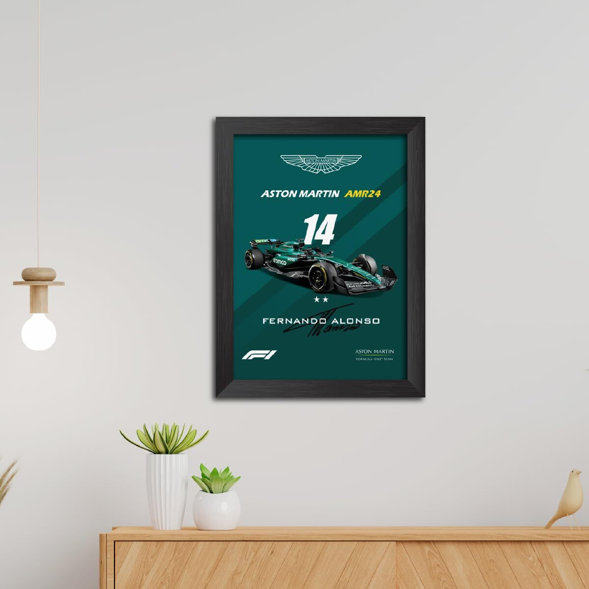 Tenorarts Fernando Alonso Poster Aston Martin Amr 24 Racing Car 2024 Edition Formula One Photo Framed Painting With Black Wooden Textures (12Inches X 9Inches)