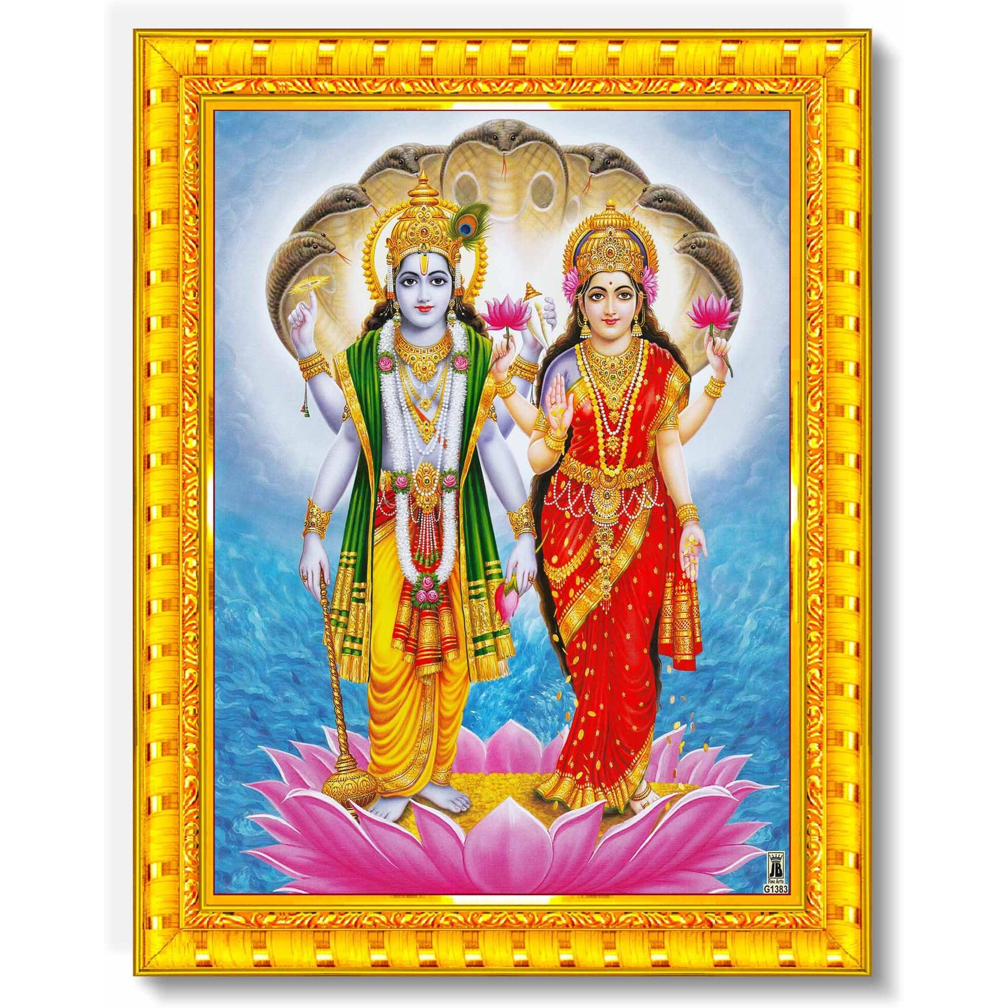 Pavan Photo Laminations Lord Vishnu Dev Lakshmi Devi Laxmi Narayan Ji Wall Painting Framed Home Decor (Wood,Matte,Gold,Small Size,6 X 8 Inch) R583S