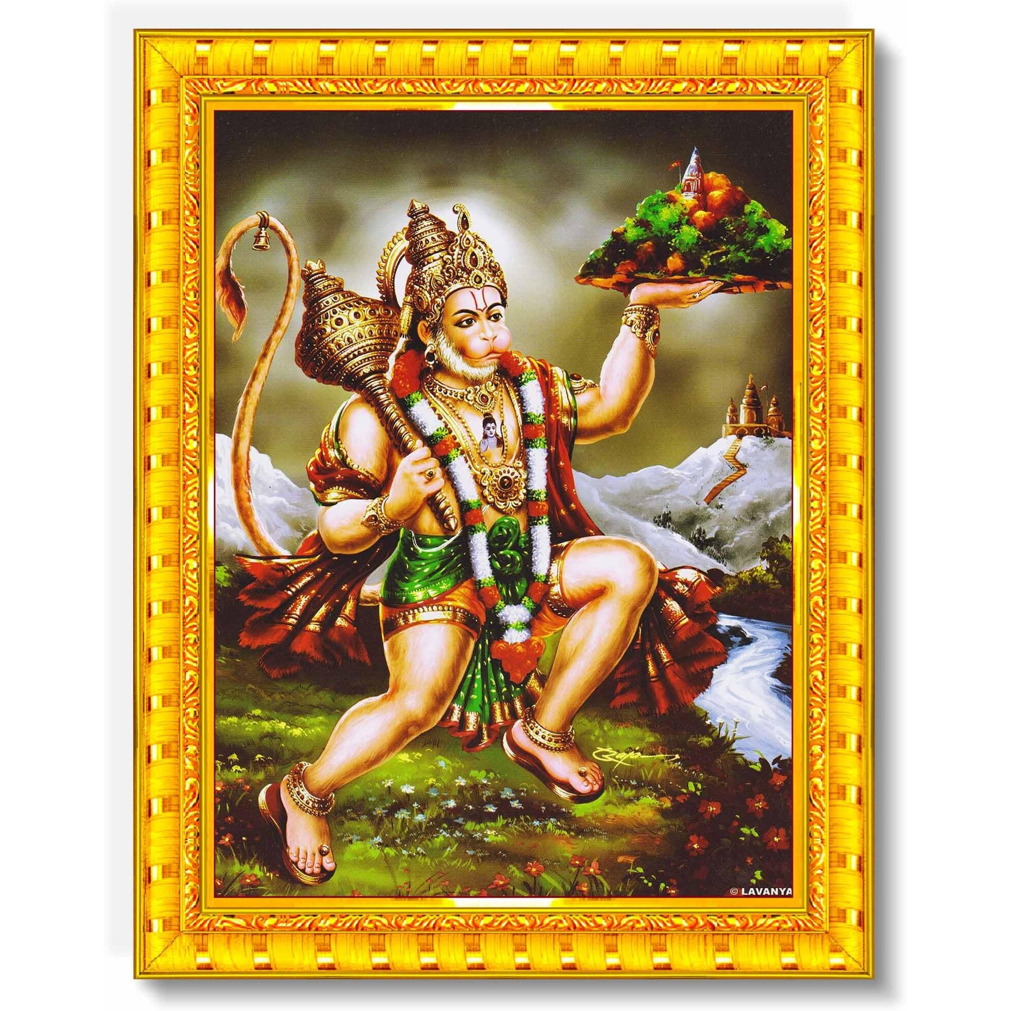 Pavan Photo Laminations Lord Hanuman Ji Hanumanji Jai Bajrangbali Wall Painting Framed Home Decor (Wood,Matte,Gold,Small Size,6 X 8 Inch) R771S