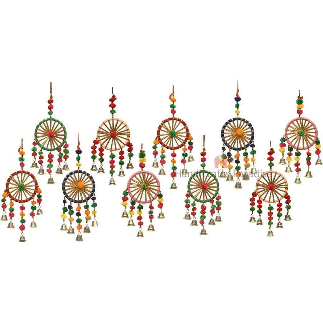 Handicrafts Paradise Handmade Wool Colorful Pom Pom Bell Wall, Door And Room Decor Hangings For Festive Decoration, Pack Of 10Pc, Multi
