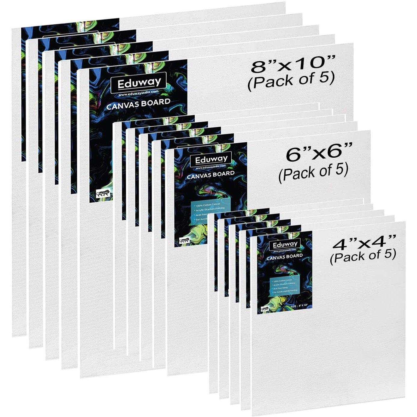 Eduway Canvas Board For Painting- (4&quotX4", 6&quotX6", 8&quotX10") 5 Pcs Each | Premium Quality 7Oz Pre-Primed Cotton Canvas Board For Artists & Beginners | Ideal For Acrylic, Oil, Gouache, Pastels Colors ( Pack Of 15) (10X10, 15X15, 20X25 Cms).
