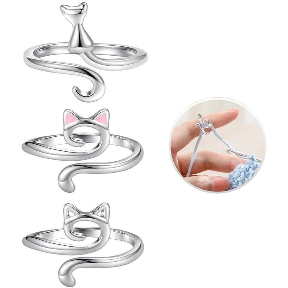Hasthip 3Pcs Crochet Tension Ring Creative Kitty Wire Wrapped Knitting Crochet Tool Alloy Yarn Tension Crochet Ring For Diy Knitting & Crocheting