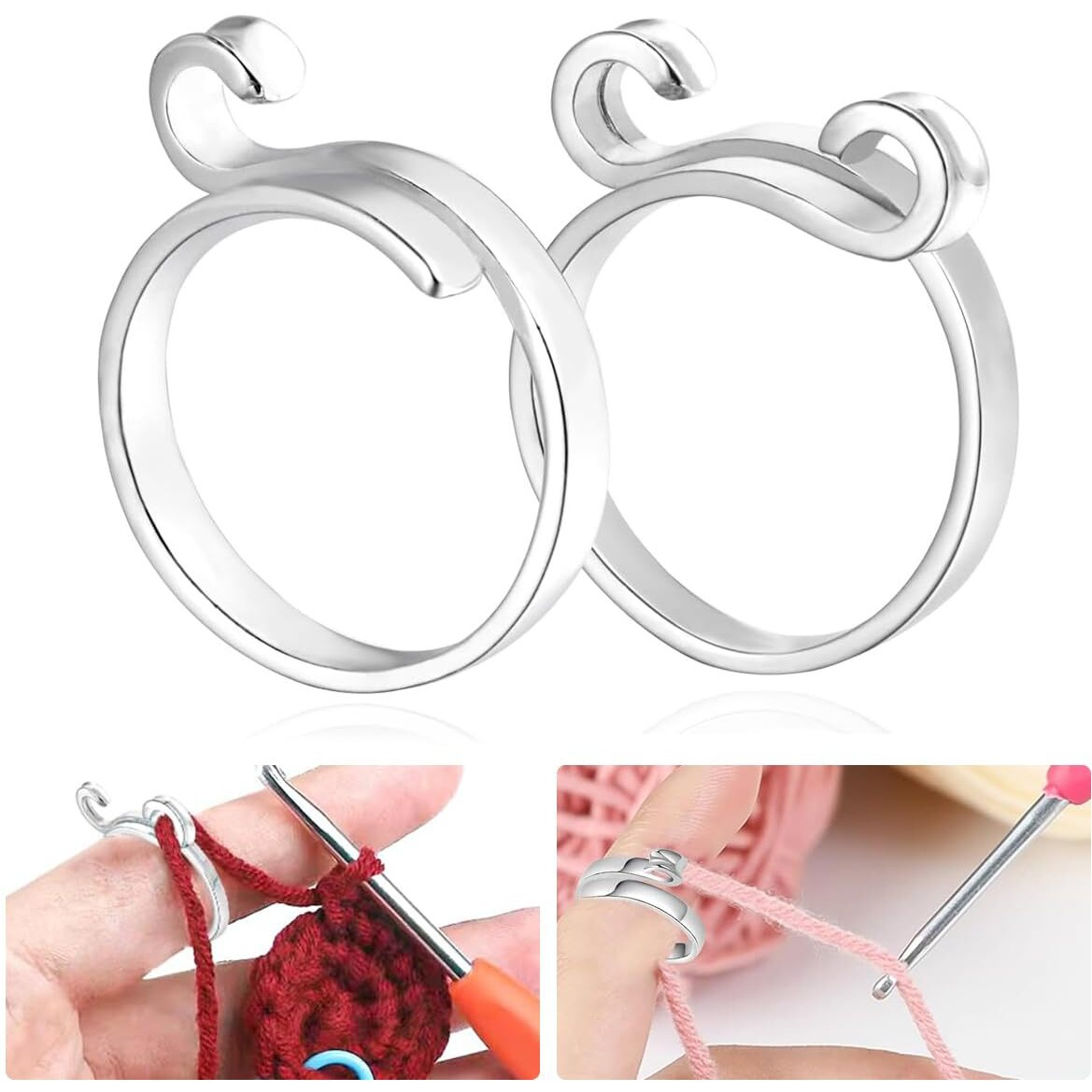 Hasthip 2Pcs Adjustable Crochet Ring For Finger, 2 Styles Adjustable Knitting Crochet Rings Open Crochet Guide Ring Yarn Guide Finger Holder Knitting Thimble For Crocheting Knitting