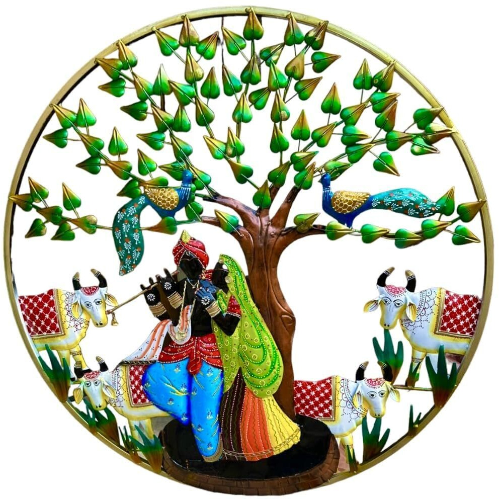 Anshika International Beautiful Metal Radha Krishna Cow With Led Light Wall Art Frame, Wall Hangings For Home Decoration, Wall Sculpture For Living Room, Wall Hanging Decorative Items (Size 32X32 In)