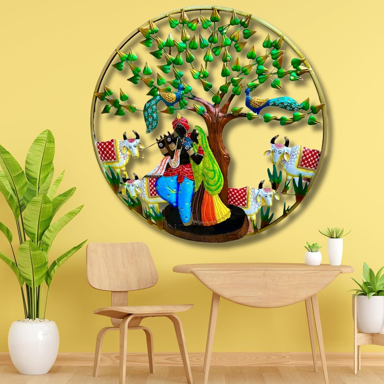Anshika International Beautiful Metal Radha Krishna Cow With Led Light Wall Art Frame, Wall Hangings For Home Decoration, Wall Sculpture For Living Room, Wall Hanging Decorative Items (Size 32X32 In)