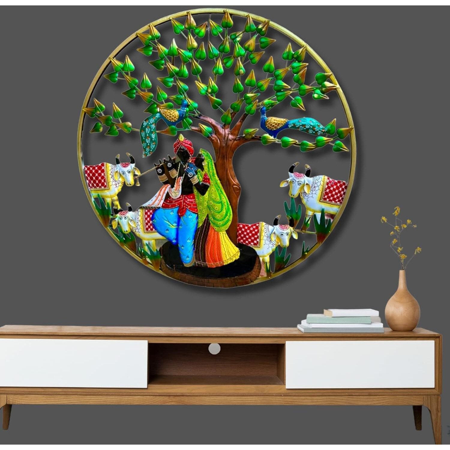 Anshika International Beautiful Metal Radha Krishna Cow With Led Light Wall Art Frame, Wall Hangings For Home Decoration, Wall Sculpture For Living Room, Wall Hanging Decorative Items (Size 32X32 In)
